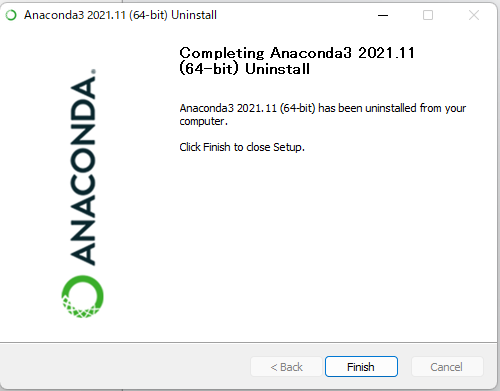 Anacondaのアンインストール完了画面