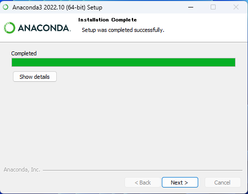 Anacondaインストーラーのインストール完了画面